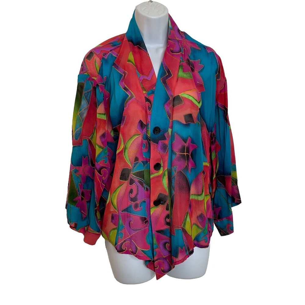 Chicos Womens 2 L SILK Geometric Print Long Sleeve  Top (11)